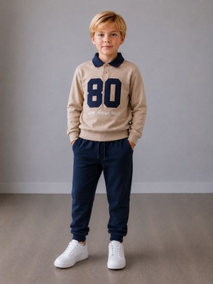 Cg Kids Polo Yaka Nakışlı Erkek Çocuk Taba/lacivert Sweatshirt & Eşofman Alt Üst Takım – Kolej Stili ve Şıklık Bir Arada
