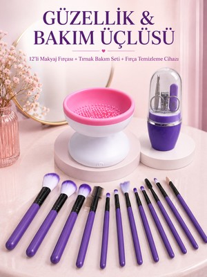 Kadın Güzellik Seti 12 Parça Makyaj Fırçası Fırça Yıkama Temizleme Cihazı Manikür Pedikü