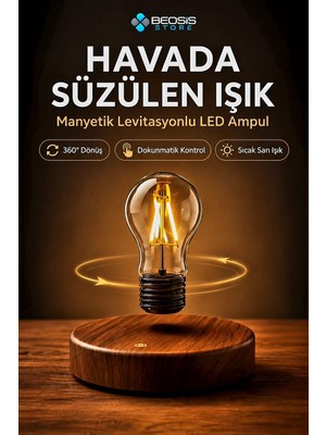 Manyetik Havada Asılı Dönen LED Ampul Lamba – Dokunmatik, 360° Dönüşlü Ahşap Görünümlü Masa Lambası