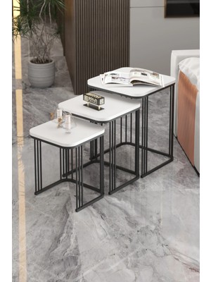 Quattro Home 3'lü Beyaz Kare Zigon Sehpa Seti Metal Ayaklı