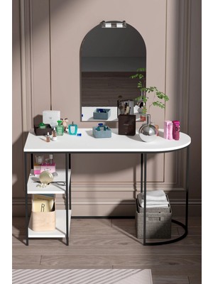 Quattro Home White Oval-Shaped Work And Makeup Desk With Mirror And Shelves