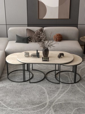 Quattro Home Bej 3'lü Oval Sehpa Seti