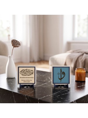 Miaju Manevi Sembol Elif ve Vav Yazısı ile Özel Deri Çevirili Besmele Ikili Set - Hatıralık Dekoratif Obje 10X10 Cm, Pudra - Gök Mavi
