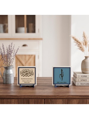 Miaju Manevi Sembol Elif Lam Mim Yazısı ile Özel Deri Çevirili Besmele İkili Set - Hatıralık Dekoratif Obje 10x10 cm, Pudra - Gök Mavi