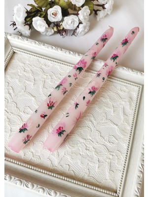 Halley Concept Pembe Çiçek Desenli El Boyaması Dekoratif Ikili Mum – 25 cm