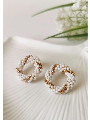 Halley Concept Beyaz Rose Gold Boncuklu Halka Küpe 2,5 cm