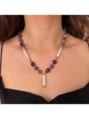 Suerte Accessories Tımbıl Ametist Doğal Taş Barok Inci Özel Tasarım Inci Uçlu El Yapımı Kadın Kolye