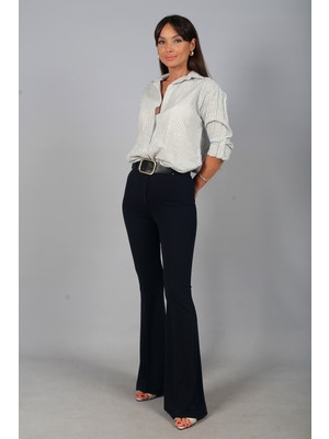 By Saygı Kadın Beli Kemerli Ispanyol Paça Likralı Krep Pantolon