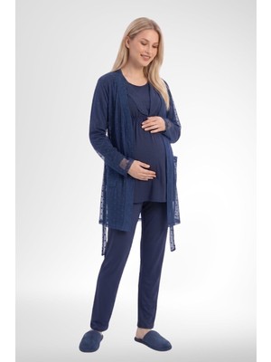 Mecit Pijama Mecit 6406 Lacivert Dantel Sabahlıklı Lohusa Pijama Takımı