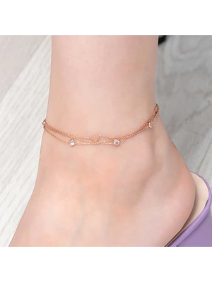 Vienor Gümüş Rose Çift Zincirli Kalp Zirkon Taşlı Halhal