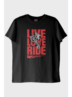 lofux Live Love Ride Baskılı Motosiklet Siyah Tişört