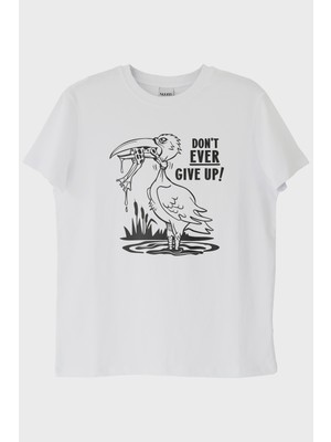 lofux Don't Ever Give Up Baskılı Motivasyon Beyaz Tişört