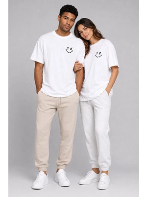 Nevermind Smiley Baskılı Sevgili Kombini 2'li Oversize Unisex Tişört Seti %100 Pamuk