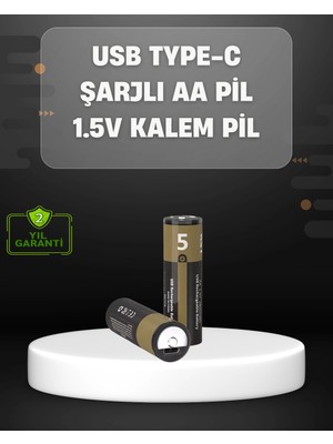 TeknoKapsül USB Type-C Girişli Şarjlı Aa Lityum Pil | 1.5V Sabit Çıkış | 3200MWH (2'li Paket)