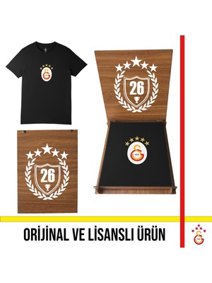 Galatasaray Lisanslı 5 Yıldız Büyük Logolu Siyah T-Shirt 26 Şampiyonluk Ahşap Kutulu E251402