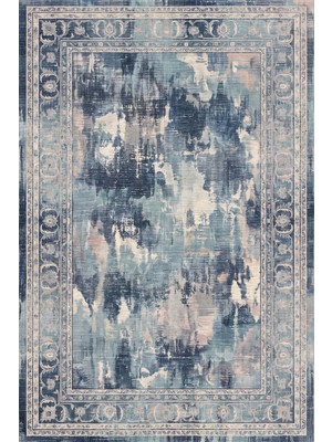 Rugzella Mulberry Lacivert Denim Mavi Modern Eskitme Desenli Tek Renk Yıkanabilir Halı