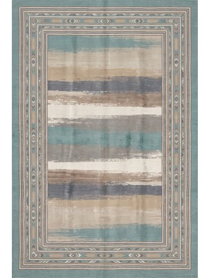Rugzella Bronze Modern Yatay Fırça Darbeli Petrol Yeşili Bej Gri Desen Yıkanabilir Halı