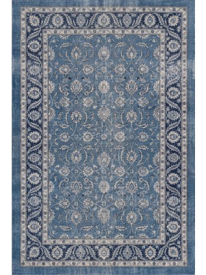 Rugzella Denim Mavi Eskitme Görünümlü Çiçek Desenli Bordürlü Klasik Yıkanabilir Halı