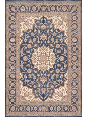 Rugzella Soluk Lacivert Antika Madalyon Desenli Vintage Krem Klasik Yıkanabilir Halı