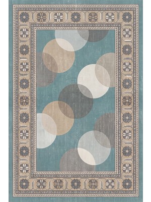 Rugzella Hawthorn Mint Yeşili Bej Modern Iç Içe Daireler Desenli Yıkanabilir Halı