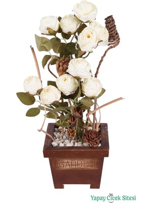 Yapay Çiçek Sitesi Ahşap Garden Saksıda Gerçek Görünümlü Yapay Gül Tanzimi 40 cm Kırık Beyaz