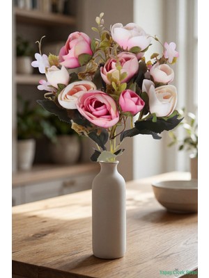 Yapay Çiçek Sitesi Yapay Şakayık Gül Demeti 31CM Pembe-Krem