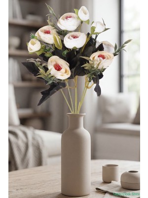 Yapay Çiçek Sitesi Yapay Pastel Şakayık Gül Demeti 31CM Krem-Beyaz