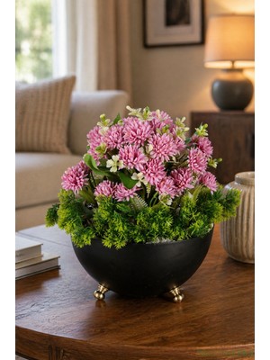 Yapay Çiçek Sitesi Tas Metal Saksıda Yapay Pembe Krizantem Tanzimi 26 cm