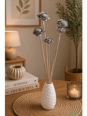 Yapay Çiçek Sitesi Kuru Çiçek Doğal Cedar Rose Gül 40 cm 5li Gümüş