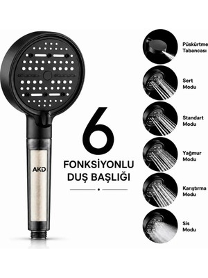 AKD 6 Fonksiyonlu Filtreli Siyah El Duş Başlığı, Yüksek Basınçlı 6 Modlu, Üstten Su Çıkışlı El Duşu