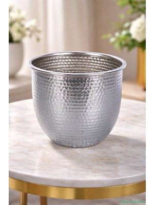 Yapay Çiçek Sitesi Metal Darbeli Cezve Saksı 14 cm Gümüş