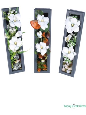 Yapay Çiçek Sitesi Ahşap Çerçeveli Yapay Çiçek Duvar Tablosu 44X11 cm 3lü Set