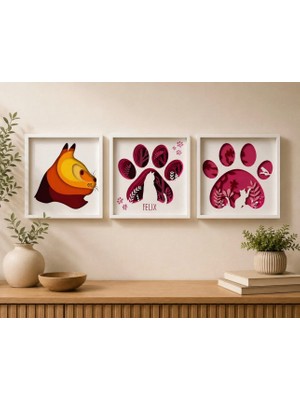 Rokh 🐾 3'lü Kedi Temalı Tablo Seti 20X20 cm | Talebinize Göre Kedinizin Adı Yazılır | Kişiye Özel Dekor