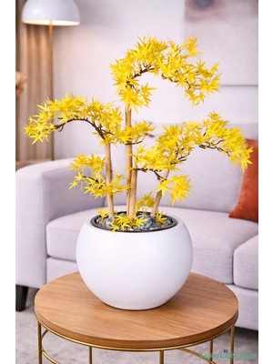 Yapay Çiçek Sitesi Beyaz Küre Saksıda Modern Minimal Tasarım Yapay Bonsai Ağacı Sarı 65 cm