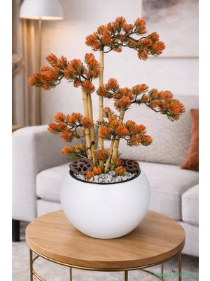 Yapay Çiçek Sitesi Beyaz Küre Saksıda Modern Minimal Tasarım Yapay Bonsai Ağacı Turuncu 65 cm