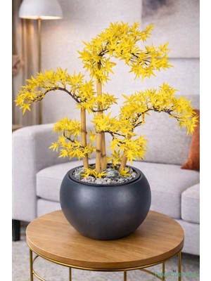 Yapay Çiçek Sitesi Antrasit Küre Saksıda Modern Minimal Tasarım Yapay Bonsai Ağacı Sarı 65 cm