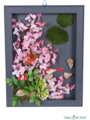 Yapay Çiçek Sitesi Ahşap Çerçeveli Yapay Çiçek Duvar Tablosu 28X37 cm