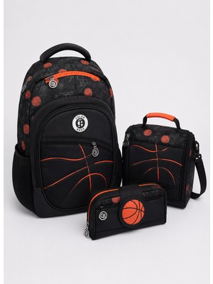 Tiny Wood Basketbol Desenli 3'lü Okul Çanta Seti Sırt Çantası Beslenme Çantası Kalemlik Siyah Turuncu