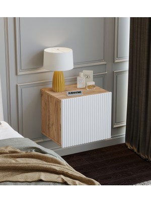 Suba Home Mdf - 40 cm Subahome Duvara Monte Ahşap Dokulu Şık Beyaz Kapaklı Komodin Modern Çok Amaçlı Dolap