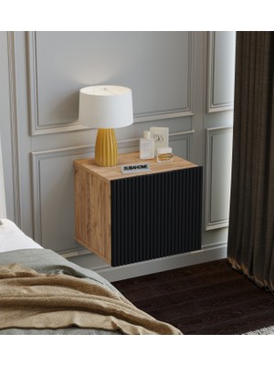 Suba Home Mdf - 40 cm Subahome Duvara Monte Ahşap Dokulu Şık Siyah Kapaklı Komodin Modern Çok Amaçlı Dolap