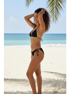 ALFA AKSESUAR 03 Kadın Siyah Pedli Bel ve Boyundan Bağlamalı Dantelli Şık Bikini Takımı