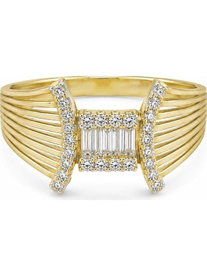 Sembol Gold Baget Taşlı Modern Çok Sıralı Altın Yüzük