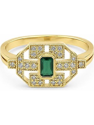Sembol Gold Taşlı Zümrüt Görünümlü Modern Altın Yüzük