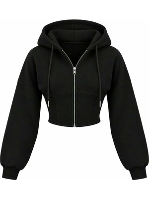 EVOA Oversize Kol Kapüşonlu Crop Hırka Siyah - S