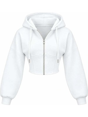 EVOA Oversize Kol Kapüşonlu Crop Hırka Beyaz - S