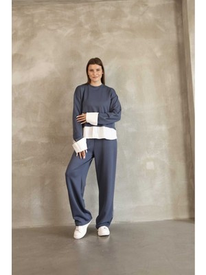 EVOA Oversize Gömlek ve Biye Detaylı Ikili Takım Indigo - L