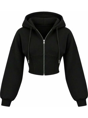 EVOA Oversize Kol Kapüşonlu Crop Hırka Siyah - L