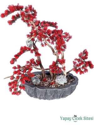 Yapay Çiçek Sitesi Fiber Saksılı Premium Yapay Kuşlu Bonsai Ağaç Kırmızı 70 cm