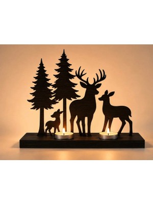 Rokh 🦌🌲 Geyik Ailesi Ahşap Tealight Mumluk 30X25 cm 🎁 Doğa Temalı Dekoratif Ev Hediyesi