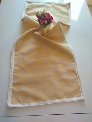 Denizli Hatırası Doğal Keten Kareli Yumuşak Kumaş Krem Güpürlü 47X110 cm Runner